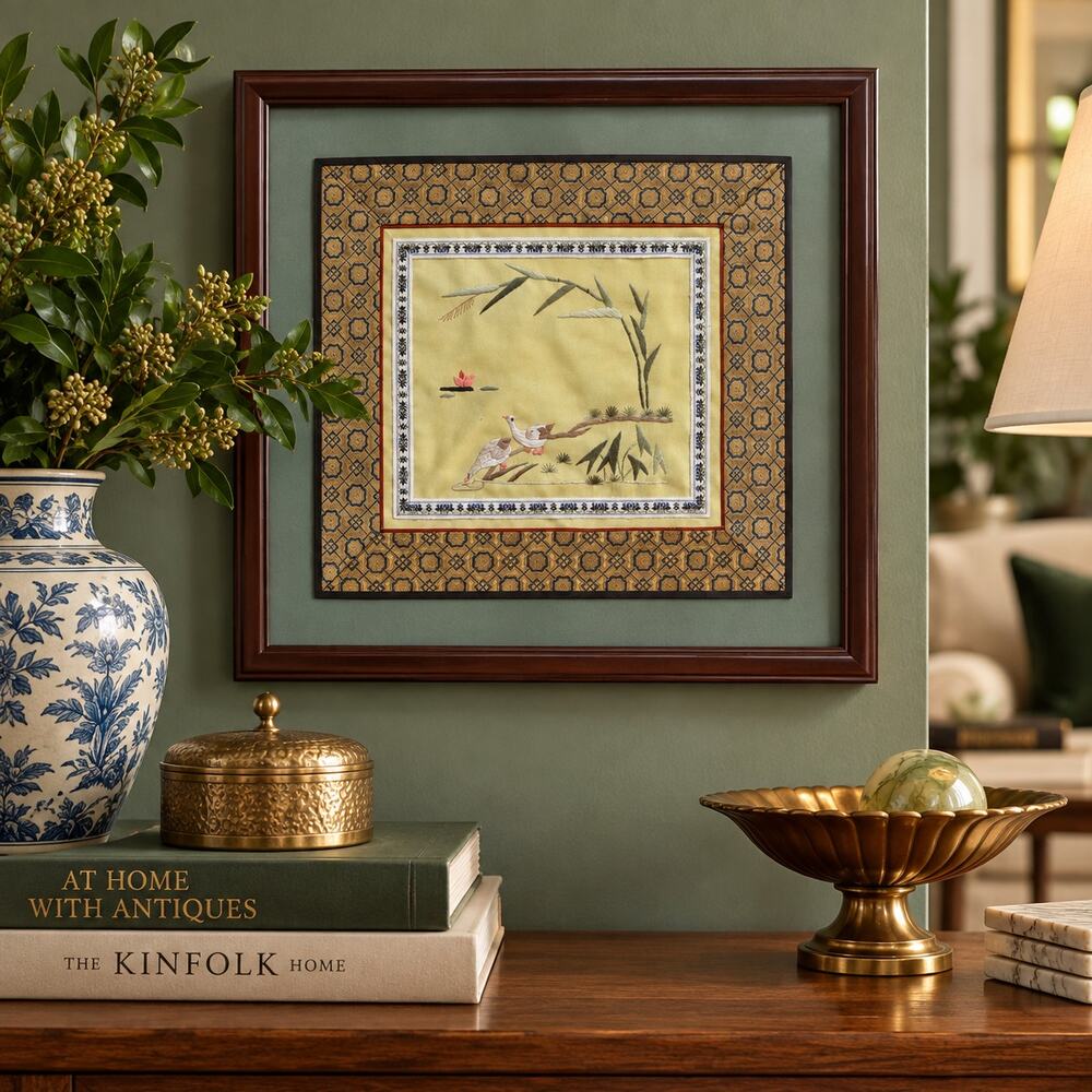 Vintage Chinese Hand Embroidered Silk Art Birds Brocade Framed 16 x 15
